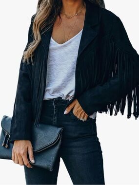 Fringed Black Faux Suede-Look Jacket - Women